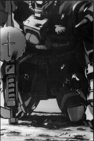 Il corpo situato sotto il MS di Zeon molto probabilmente doveva essere del pilota del MS stesso vista anche la cabina di pilotaggio aperta - fonte immagine: <a href="/immagini/ms_era_01.htm">MS Era</a>